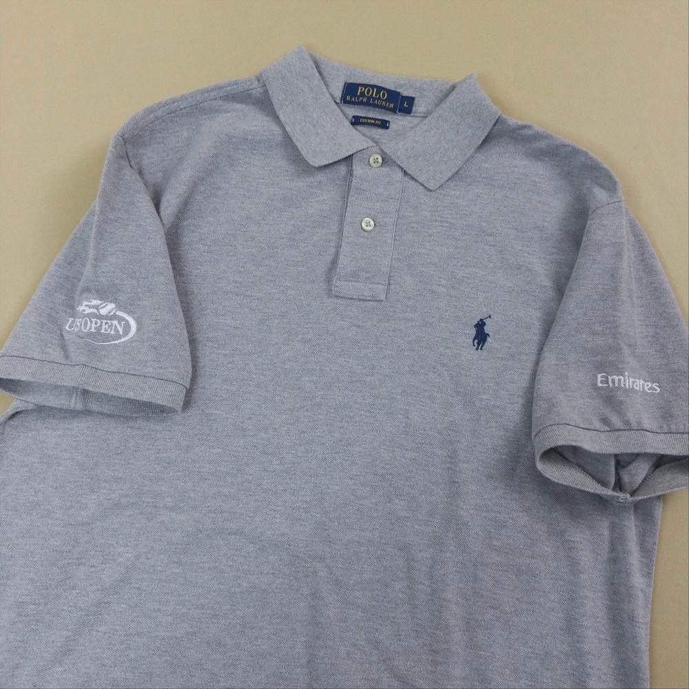 Polo Ralph Lauren Polo Shirt Mens Large Gray US Open Tennis/Emirates Custom Fit